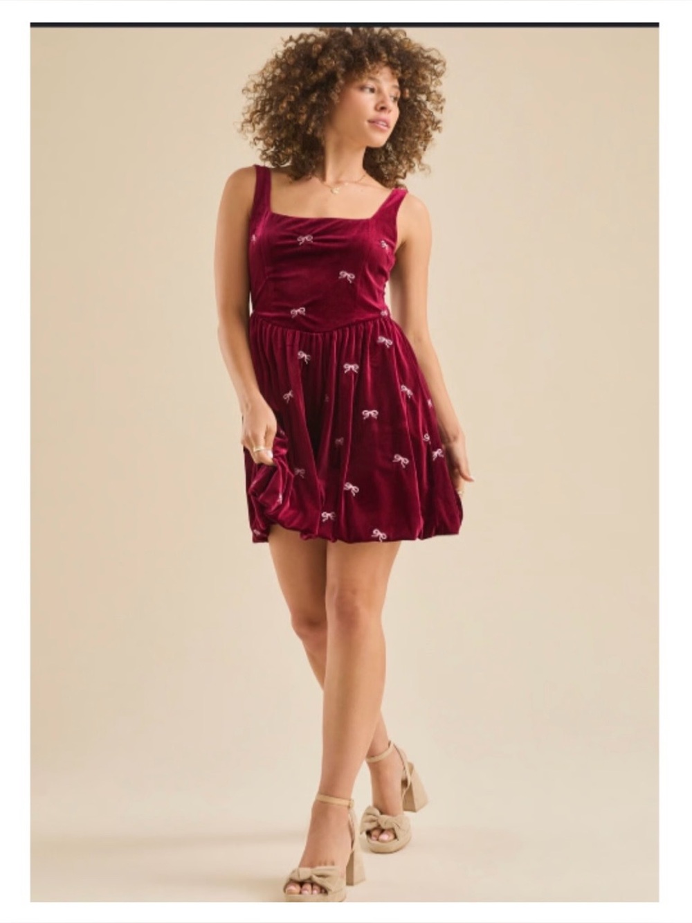 Altar'd State Velvet Mini Dress in Wine with Bow Embroidery